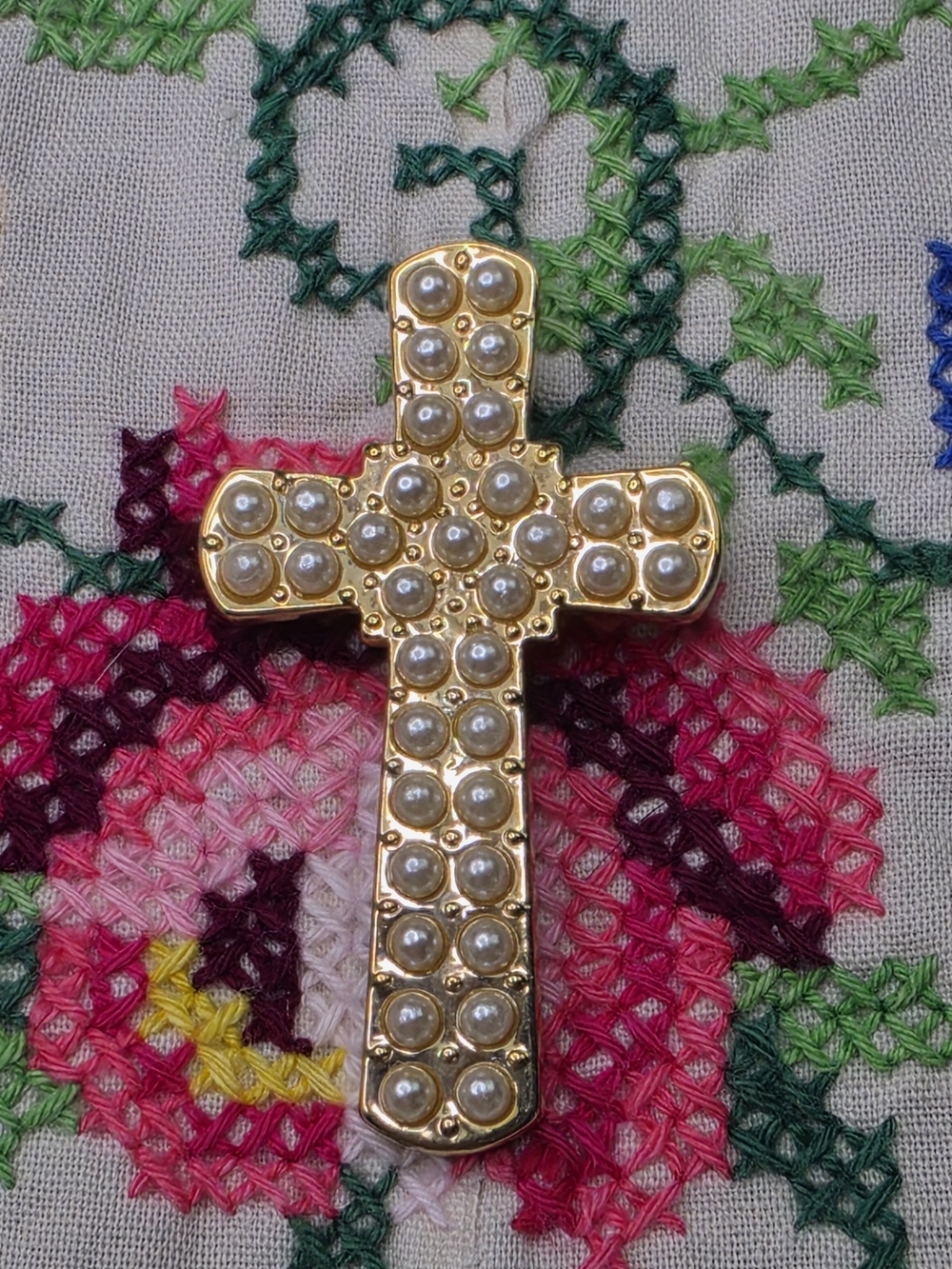 Estate Gold-Tone Cross Brooch with Pearls